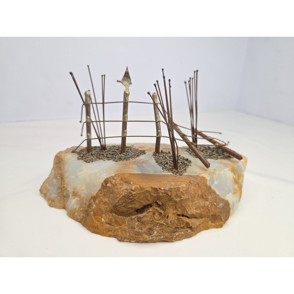 MCM Brutalist Sculpture Birds On A Fence Signed By Mario Jason Brass On Quartz